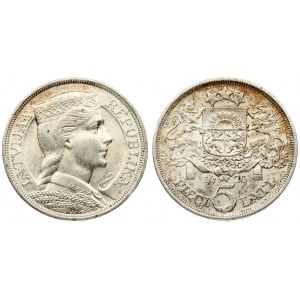 Latvia 5 Lati 1929. Averse: Crowned head right. Reverse: Arms with supporters above value...