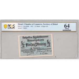 Lithuania MEMEL 1/2 Mark 1922 Chamber of Commerce; Territory of Memel 1/2 Mark 6 Digit S/N. Pick ...