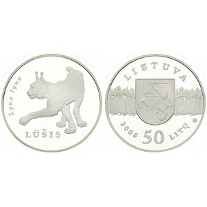 Lithuania 50 Litų 2006 Lynx. Averse: National arms on forest background. Reverse: Lynx prowling...