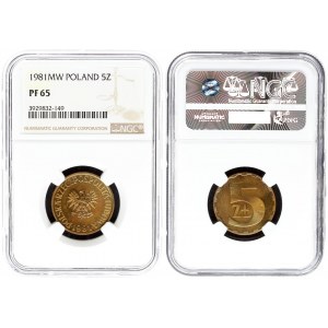 Poland 5 Zlotych 1981MW Averse: Eagle with wings open. Reverse: Value. Edge Description: Reeded...