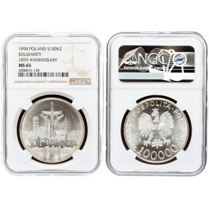 Poland 100 000 Zlotych 1990MW 10th Anniversary of Solidarity. Averse: Imperial eagle above value...