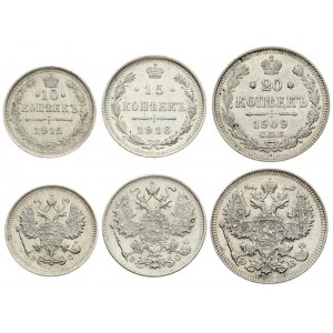 Russia 10 & 15 & 20 Kopecks 1909 & 1915 & 1916 St. Petersburg. Nicholas II (1894-1917). Averse...