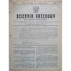 DZIENNIK URZĘDOWY WOJEWÓDZTWA POLESKIEGO. Brześć nad Bugiem, dn. 1 kwietnia 1922. Rok II. Nr 3. Wyd
