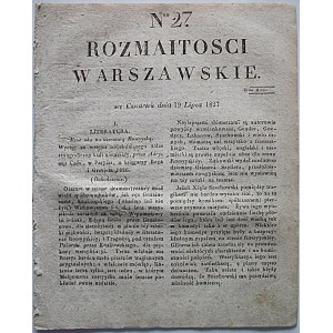 ROZMAITOŚCI WARSZAWSKIE. W-wa, dnia 19 lipca 1827. No. 27. Format 17/22 cm. Str. paginowane od 310 do 316