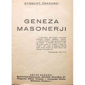 ZBARASKI ZYGMUNT. Geneza masonerji. W-wa [1935]. Spółdzielnia Wydawnicza „SPRAWA”