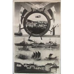 GDYNIA. Pocztówka fotograficzna kolażowa. W kole sterowym widok Gdyni