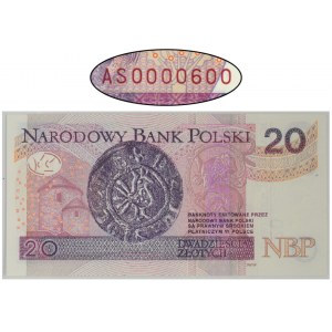 20 złotych 2016 - AS 0000600 - niski i okrągły numer seryjny