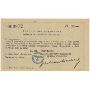 Warszawa, Świadectwo wykonania obowiązku kontrybucyjnego o wartości 30 zł 1944