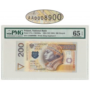 200 złotych 1994 - AA 0008900 - PMG 65 EPQ - niski i okrągły numer