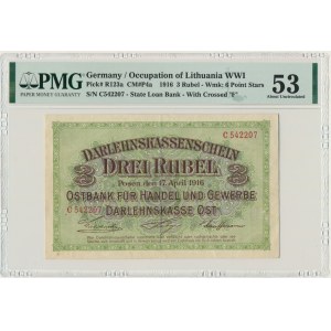 Poznań, 3 ruble 1916 - C - długa klauzula - PMG 53 - RZADKOŚĆ