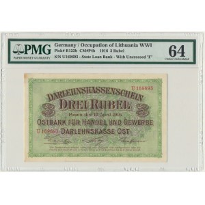 Poznań, 3 ruble 1916 - U - krótka klauzula - PMG 64