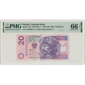 20 złotych 1994 - AA 0002113 - PMG 66 EPQ - niski numer