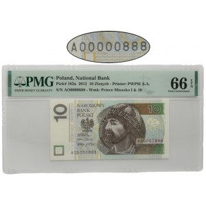 10 złotych 2012 - AO 0000888 - niski i ładny numer - PMG 66 EPQ