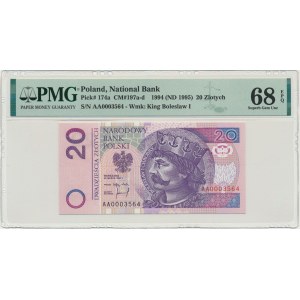 20 złotych 1994 - AA 0003564 - PMG 68 EPQ - niski numer