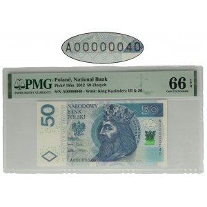 50 złotych 2012 - A0 00000040 - PMG 66 EPQ - niski numer seryjny