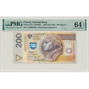 200 złotych 1994 - AA 0008102 - PMG 64 EPQ