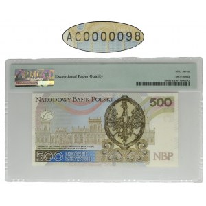 500 złotych 2016 - AC 0000098 - PMG 67 EPQ - niski dwucyfrowy numer