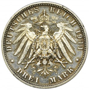 Germany, Bavaria, Regent Luitpold, 3 Mark Munich 1911 D