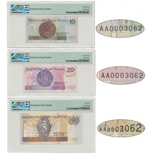 Zestaw 10, 20 i 200 złotych 1994 AA 0003062 - PMG 65 i 67 EPQ - takie same numery seryjne - RZADKOŚĆ