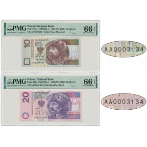 Zestaw 10-20 złotych 1994 - AA 0003134 - PMG 66 - takie same, niskie numery seryjne