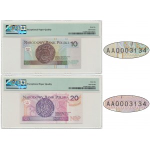 Zestaw 10-20 złotych 1994 - AA 0003134 - PMG 66 - takie same, niskie numery seryjne