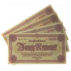 Niemcy, Sudety, zestaw pieniędzy okupacyjnych 20 marek 1945 (4 szt.)