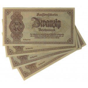 Niemcy, Sudety, zestaw pieniędzy okupacyjnych 20 marek 1945 (4 szt.)