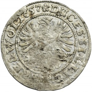 Śląsk, Księstwo Legnicko-Brzesko-Wołowskie, Jerzy III Brzeski, Ludwik IV Legnicki i Krystian Wołowsko-Oławski, 3 Krajcary 1657 EW