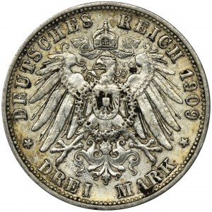 Germany, Wirtemberg, Wilhelm II, 3 Mark Stuttgart 1909 F