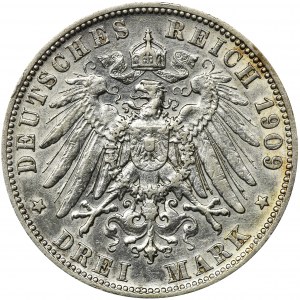 Germany, Wirtemberg, Wilhelm II, 3 Mark Stuttgart 1909 F