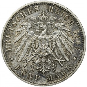 Germany, Wirtemberg, Wilhelm II, 5 Mark Stuttgart 1904 F