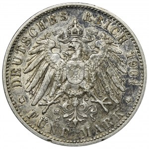 Germany, Wirtemberg, Wilhelm II, 5 Mark Stuttgart 1901 F
