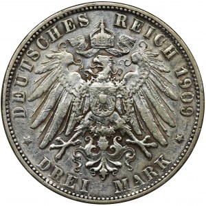 Germany, Wirtemberg, Wilhelm II, 3 Mark Stuttgart 1909 F