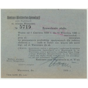 Warszawa, kartka żywnościowa 1919 / zezwolenie stałe 1920