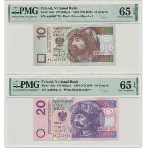 Zestaw 10 i 20 złotych 1994 - AA 0003175 - niskie identyczne numery - PMG 65 EPQ (2 szt.)