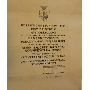 [Piłsudski Józef] - Dyplom nadania Krzyża Niepodległości za pracę w dziele odzyskania niepodległości dla Albina Tadeusza Mateusza Bonawentury Bobaka, z dnia 19. XII. 1933 r.