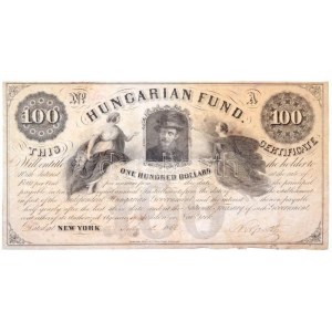 1852. 100$ Kossuth bankó piros tintás kézi sorszám és dátum, Kossuth Lajos saját kezű aláírásával...