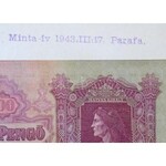 1930. 100P 8db-os vágatlan MINTA ÍV, 1943. III. 17. dátummal, látható illesztőkerettel. A bankjegyek mind 007510...