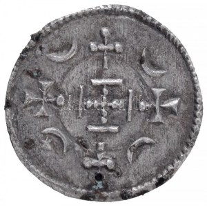 1141-1162. Denár Ag II. Géza (0,15g) T:1- hajlott lemez, patina / Hungary 1141-1162. Denar Ag Geza II (0,15g) C...