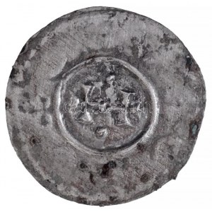 1141-1162. Denár Ag II. Géza (0,15g) T:1- hajlott lemez, patina / Hungary 1141-1162. Denar Ag Geza II (0,15g) C...
