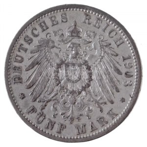 Német Államok / Baden 1903G 5M Ag I. Frigyes Stuttgart (27,74g) T:2- kis ph. / German States / Baden 1903G 5 Mark Ag ...