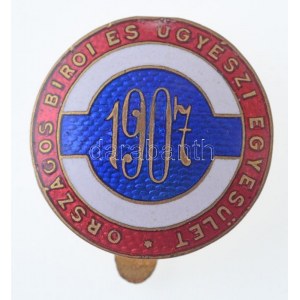 1907. Országos Bírói és Ügyészi Egyesület zománcozott gomblyukjelvény, MORZSÁNYI J. BUDAPEST gyártói jelzéssel ...