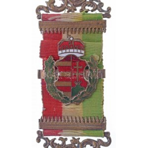 ~1900. Zománcozott címeres, több részből álló vadász(?) jelvény, nemzetiszín szalagon T:2 / Hungary ~1900. Multi...
