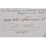 Buda 1867. A Budai Kereskedelmi és Iparbank névre szóló részvénye 200Ft-ról, magyar és német nyelven, szárazpecséttel...