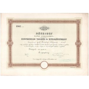 Budapest 1904. Kereskedelmi Takarék és Hitelszövetkezet névre szóló részvény 100K-ról, szelvényekkel, szárazpecséttel...