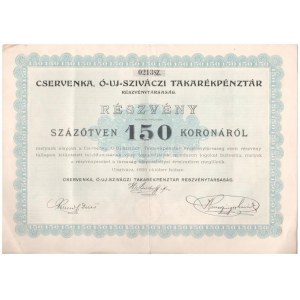 Újszivácz 1909. Cservenka, Ó-Új-Sziváczi Takarékpénztár Részvénytársaság részvénye 150K-ról, szelvényekkel...