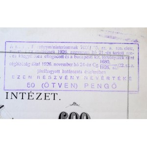 Budapest 1911. Pannónia Magyar Viszontbiztosító Intézet névre szóló részvénye 600K-ról, szárazpecséttel...