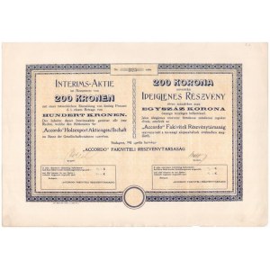 Budapest 1911. Accordo Fakiviteli Részvénytársaság ideiglenes részvénye 200K-ról, szelvényekkel T:I-,II / Hungary ...