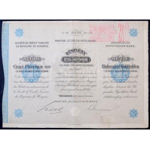 Budapest 1912. Magyar Jelzálog-Hitelbank részvénye 100Fl-ről, francia-magyar-német nyelven, felülbélyegzéssel...