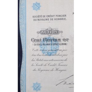 Budapest 1912. Magyar Jelzálog-Hitelbank részvénye 100Fl-ről, francia-magyar-német nyelven, felülbélyegzéssel...